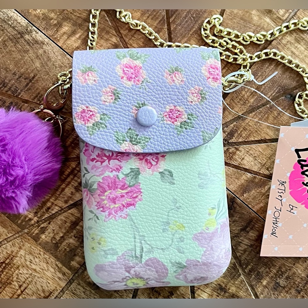 NWT BETSY JOHNSON phone holder cross body bag with adjustable gold chain